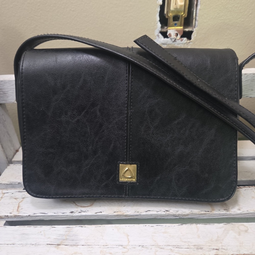 Vintage 80s Liz Claiborne Crossbody Bag Black Triangle Logo Purse Textured